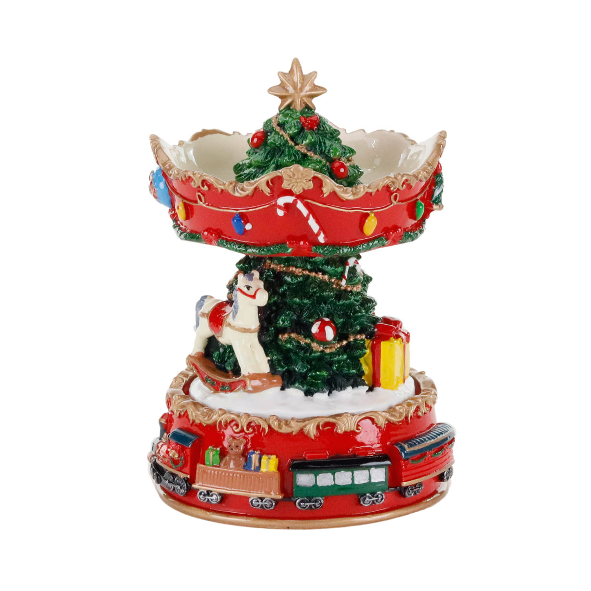 Carusel muzical și cu mișcare, cu brad și cadouri, roșu, 16 cm