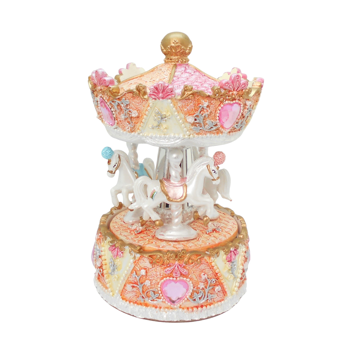 Carusel muzical și cu mișcare, cu căluț, roz/portocaliu/alb, 16 cm