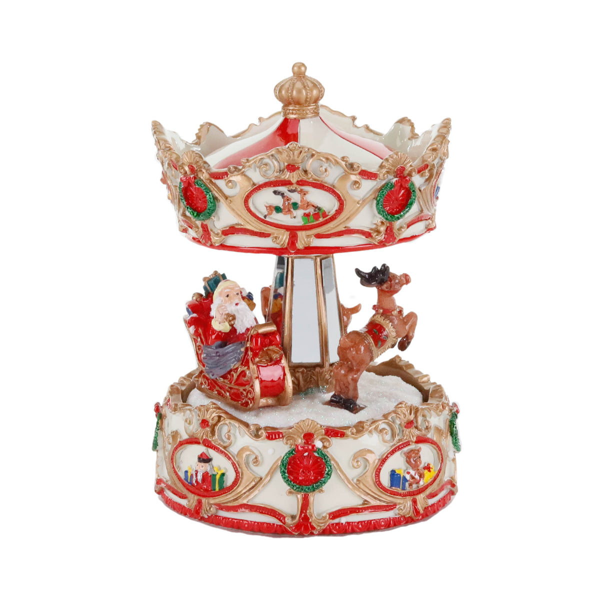Carusel muzical și cu mișcare, cu sanie de Crăciun, crem, 16 cm