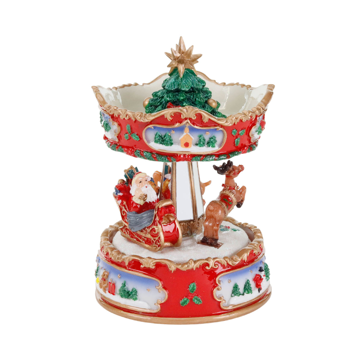 Carusel muzical și cu mișcare, cu sanie de Crăciun, roșu, 16 cm