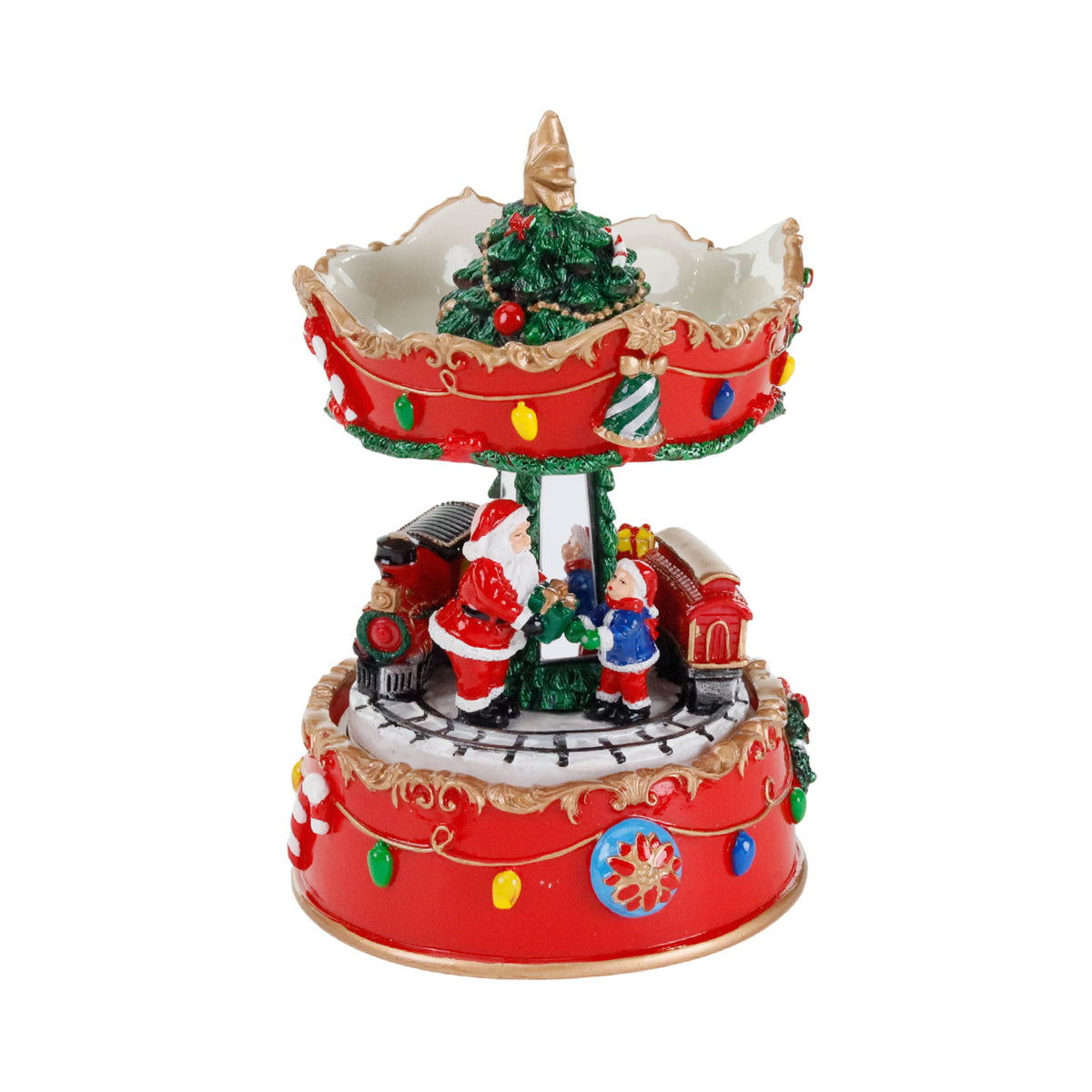 Carusel muzical și cu mișcare, cu trenuleț de Crăciun, roșu/verde, 16 cm