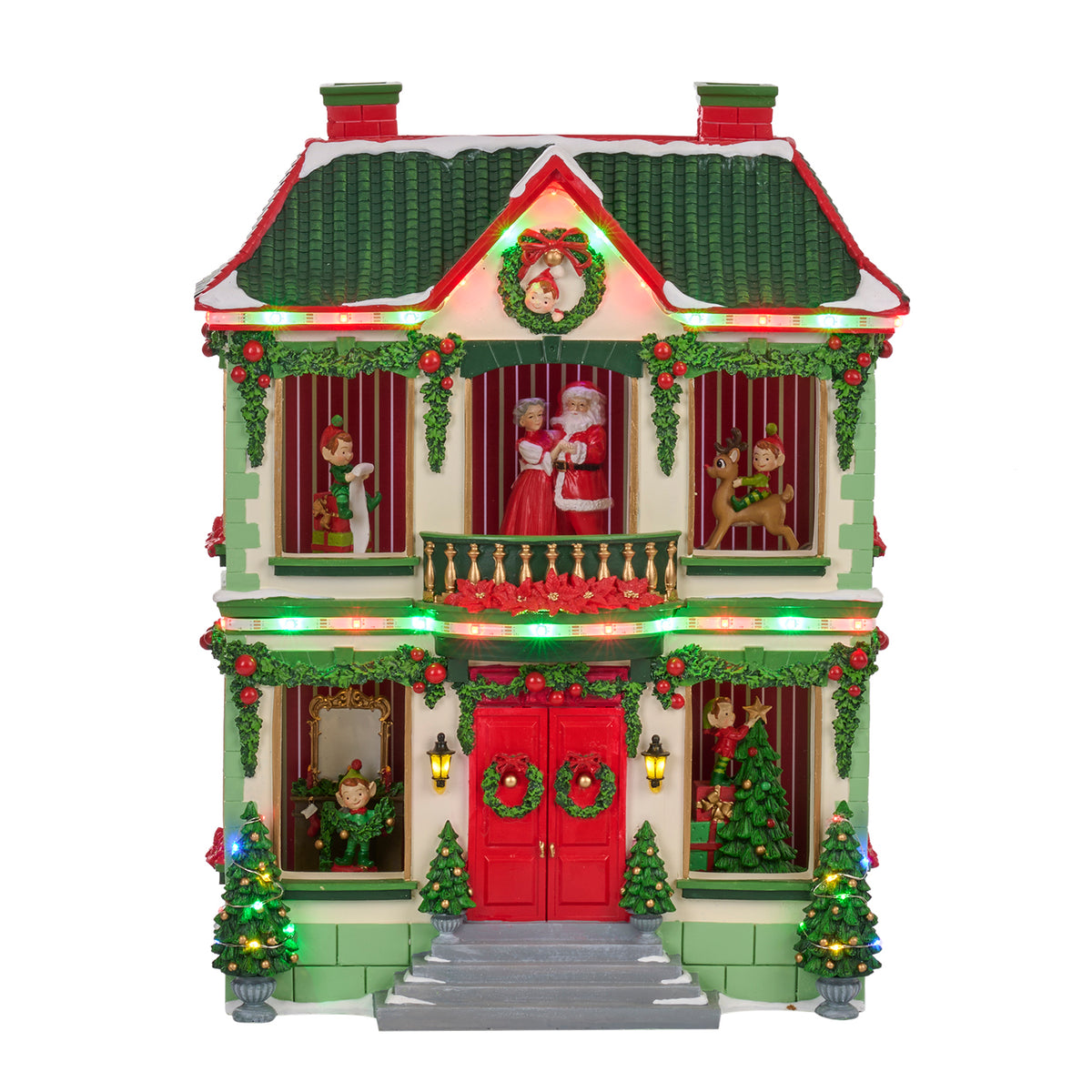 Căsuță de Crăciun cu LED, muzicală și cu mișcare, verde/roșu, 47 cm