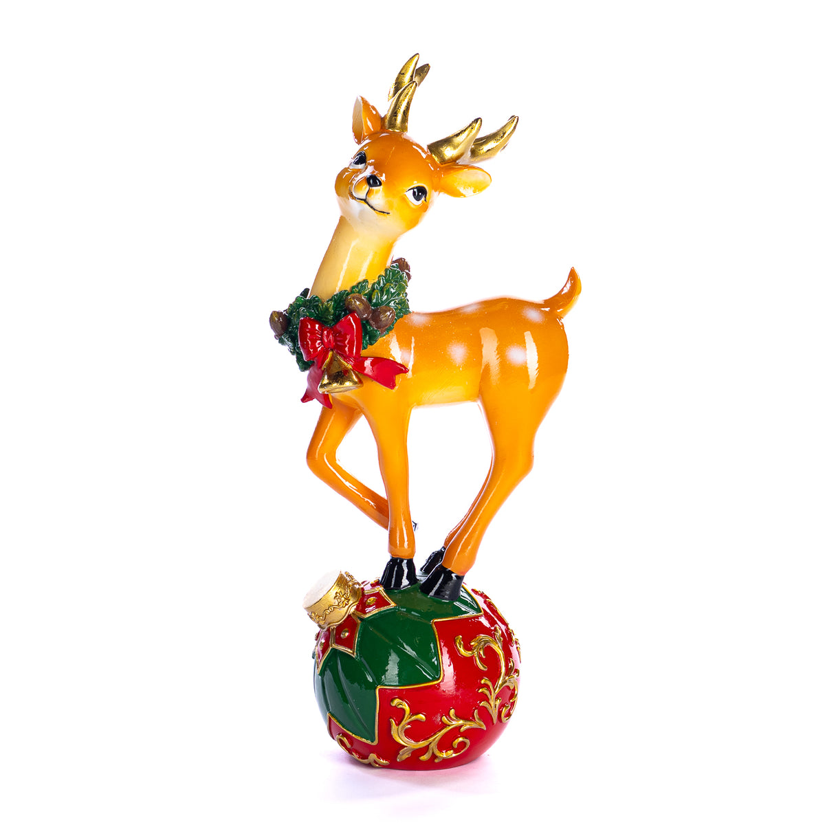 Cerb de Crăciun pe glob, maro/roșu/verde, 33,5 cm