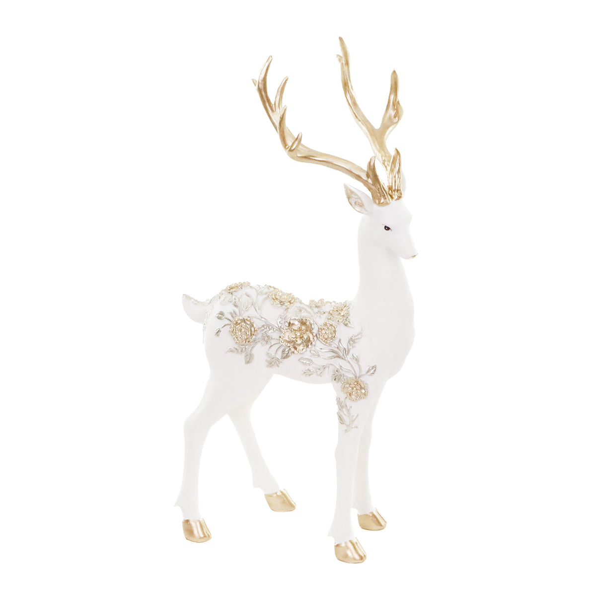 Cerb în picioare cu decor floral, alb/crem/auriu, 36 cm
