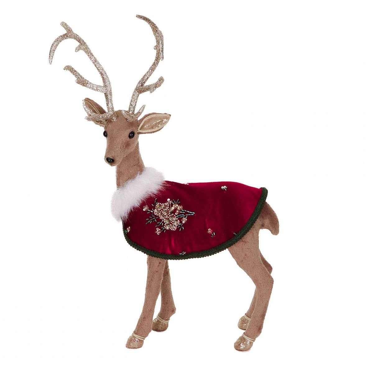 Cerb în picioare din textil, cu pelerină, maro/roșu, 59 cm
