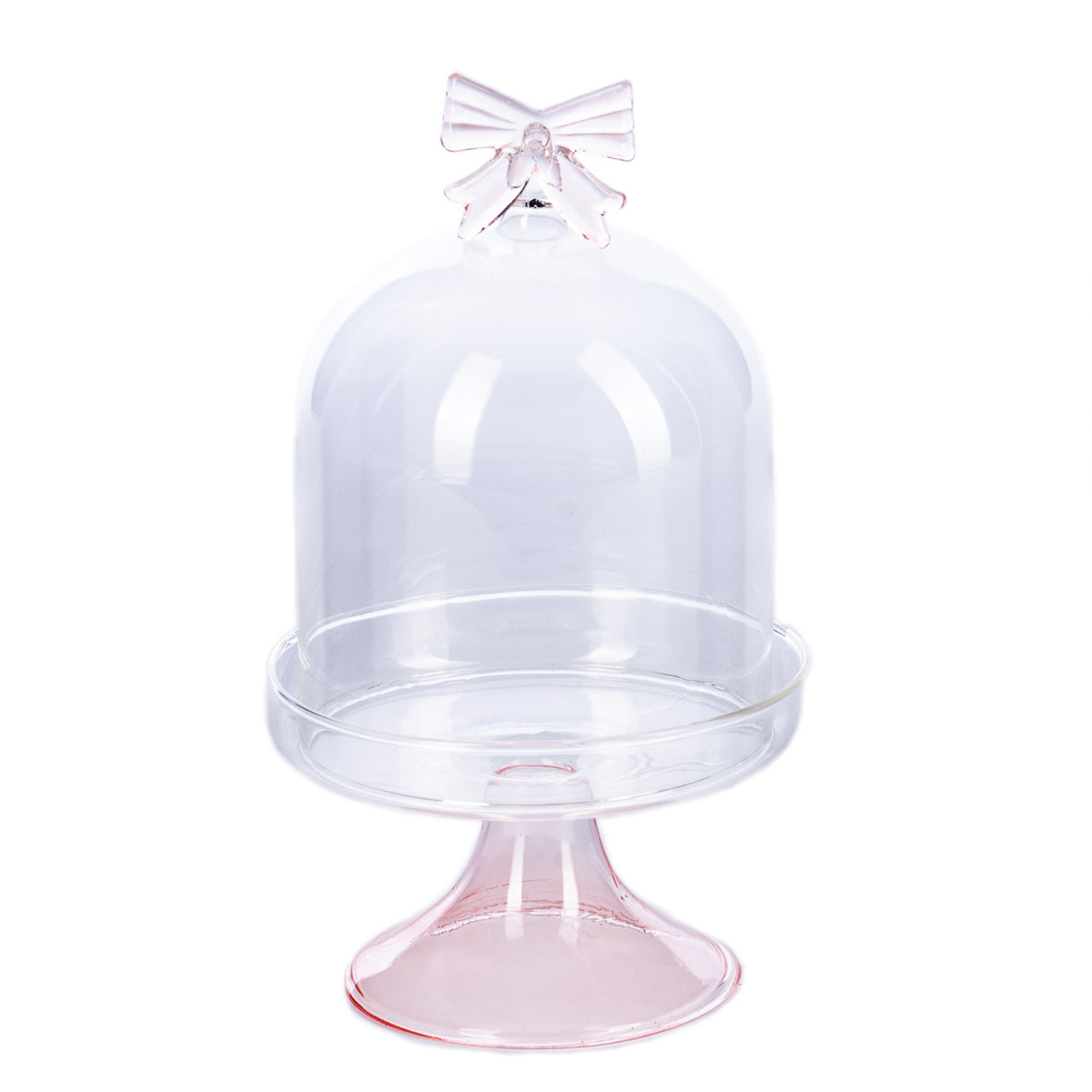 Clopot din sticlă cu fundă, pe suport, transparent/roz, 18 cm