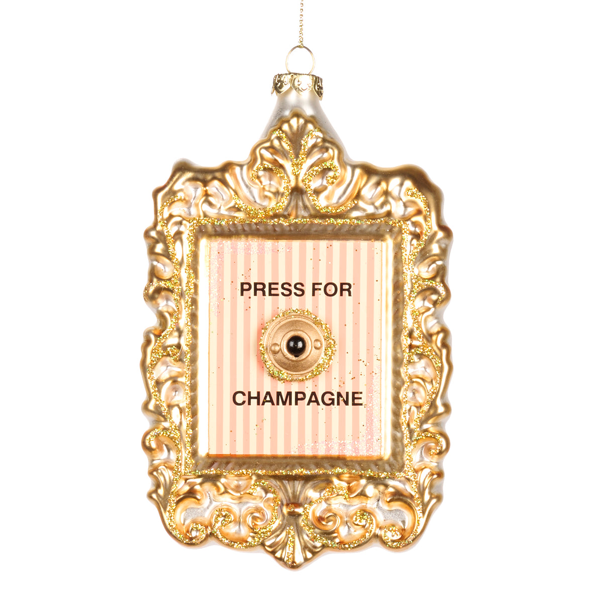Clopoțel din sticlă cu mesajul „Press for Champagne”, auriu, 14,5 cm