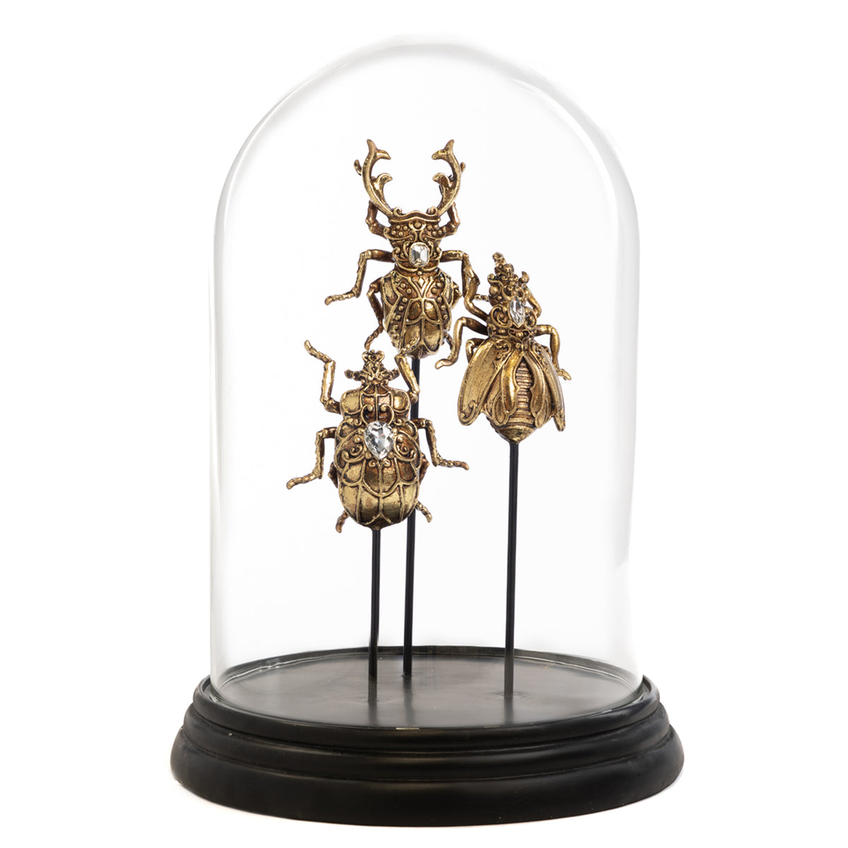 Cloșă din sticlă cu insecte decorative cu pietre, auriu/negru, 33 cm