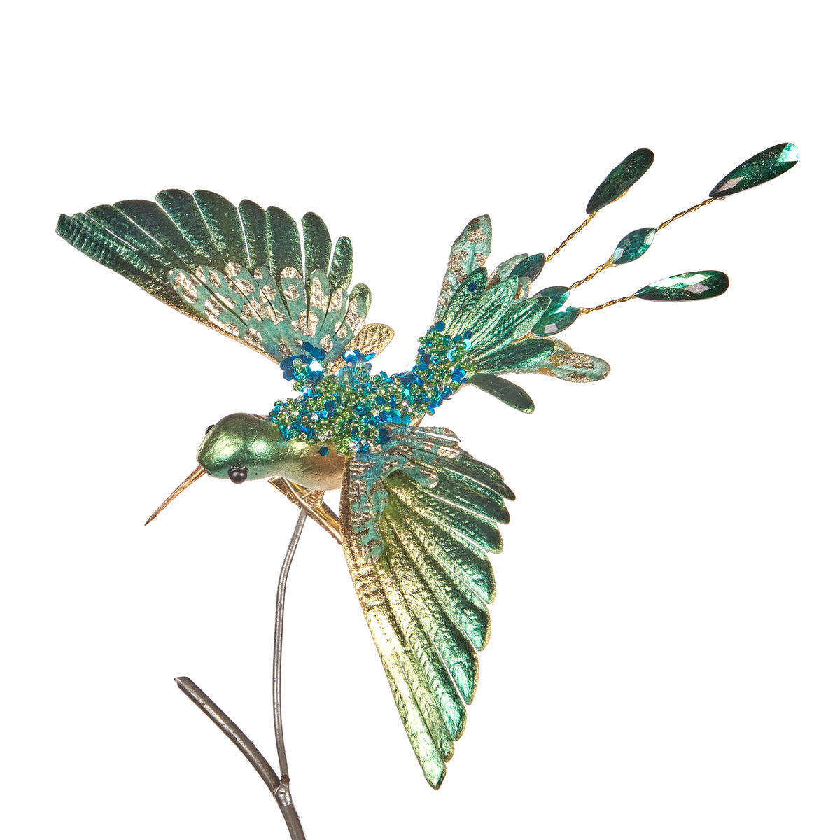 Colibri cu pietre pe clemă, verde/auriu, 20 cm