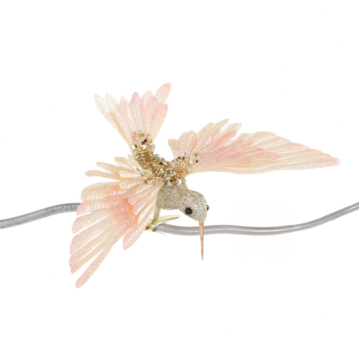 Colibri cu sclipici și mărgele pe clemă, roz/șampanie, 17 cm