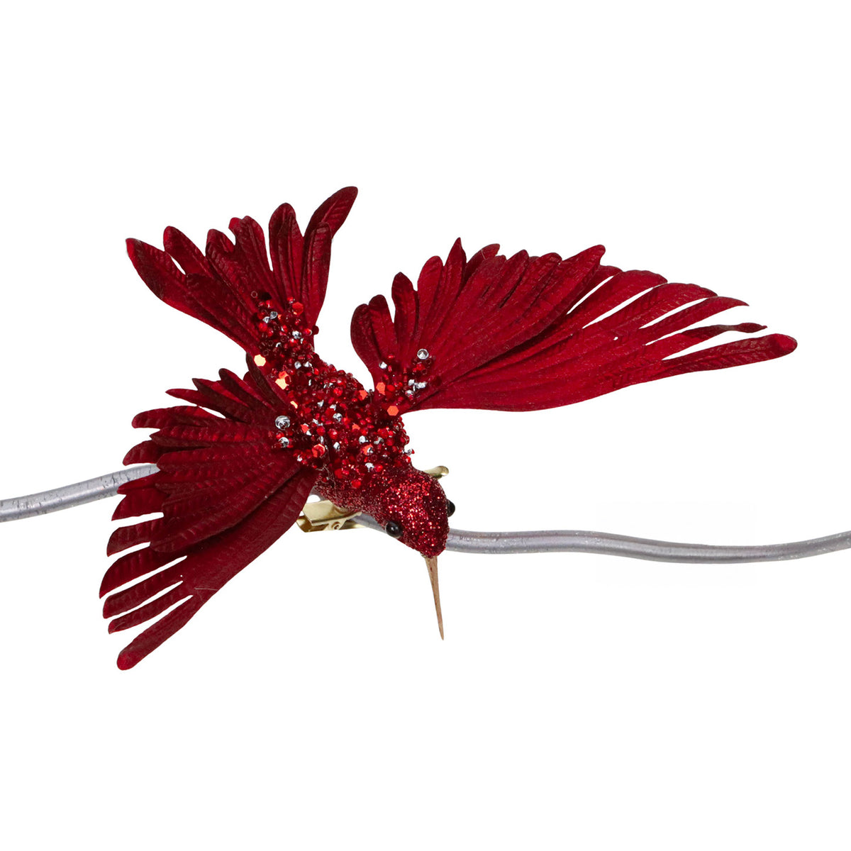 Colibri cu sclipici și pietre, pe clemă, burgund, 20 cm