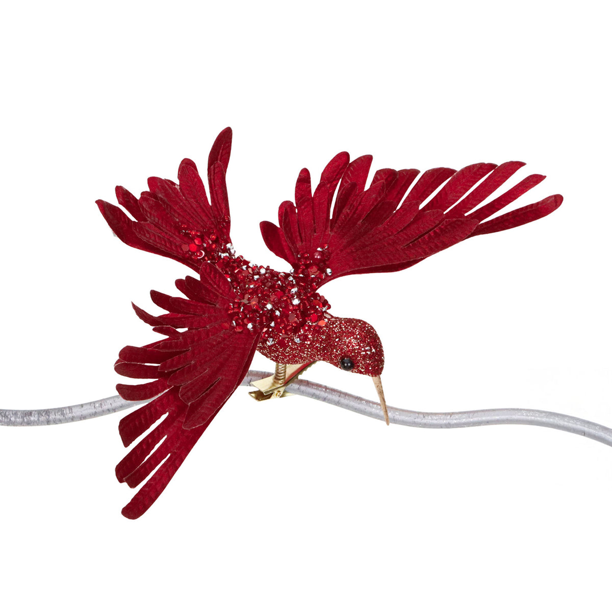 Colibri cu sclipici și pietre, pe clemă, roșu, 20 cm