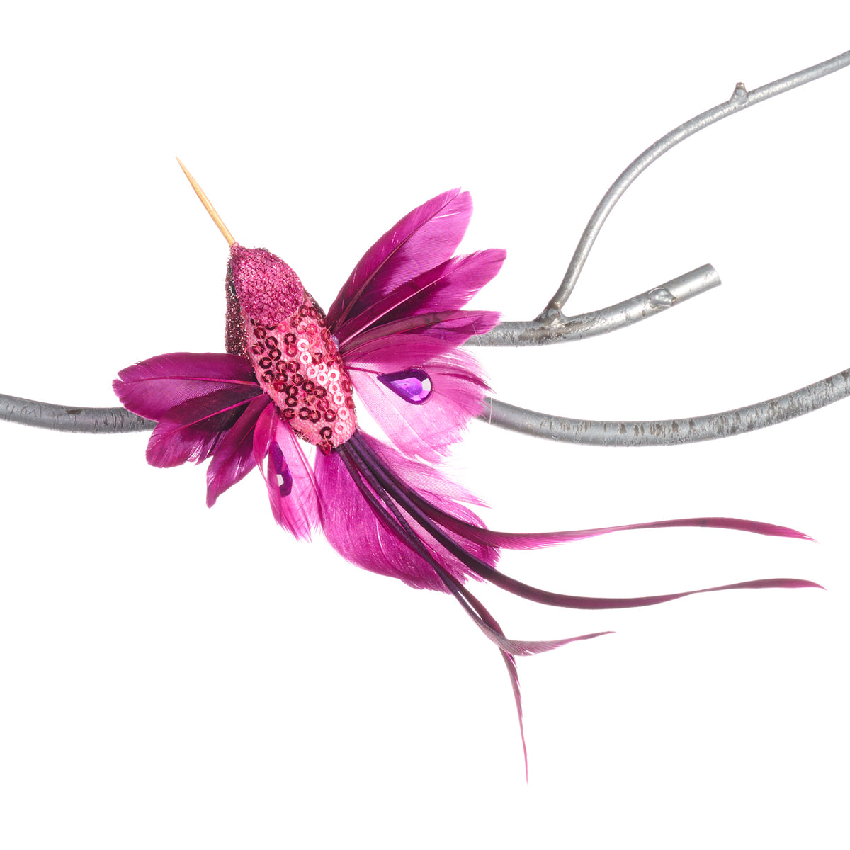 Colibri din pene și paiete pe clemă, mov/roz, 18 cm