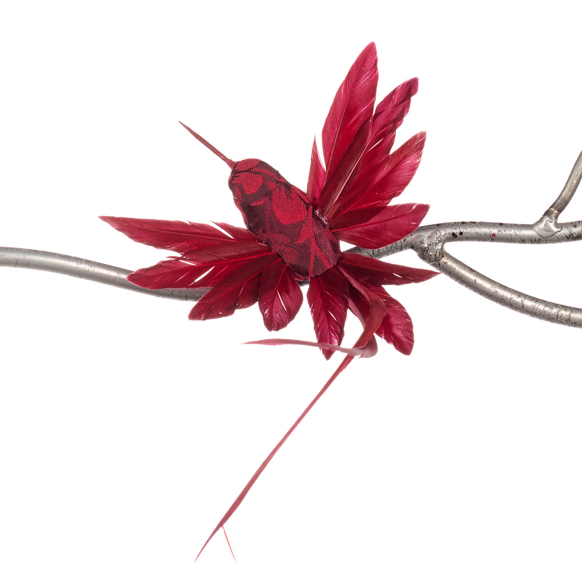Colibri din pene și textil cu model floral, pe clemă, burgund, 20 cm