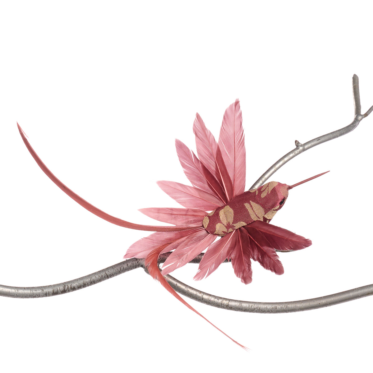 Colibri din pene și textil cu model floral, pe clemă, roz, 20 cm