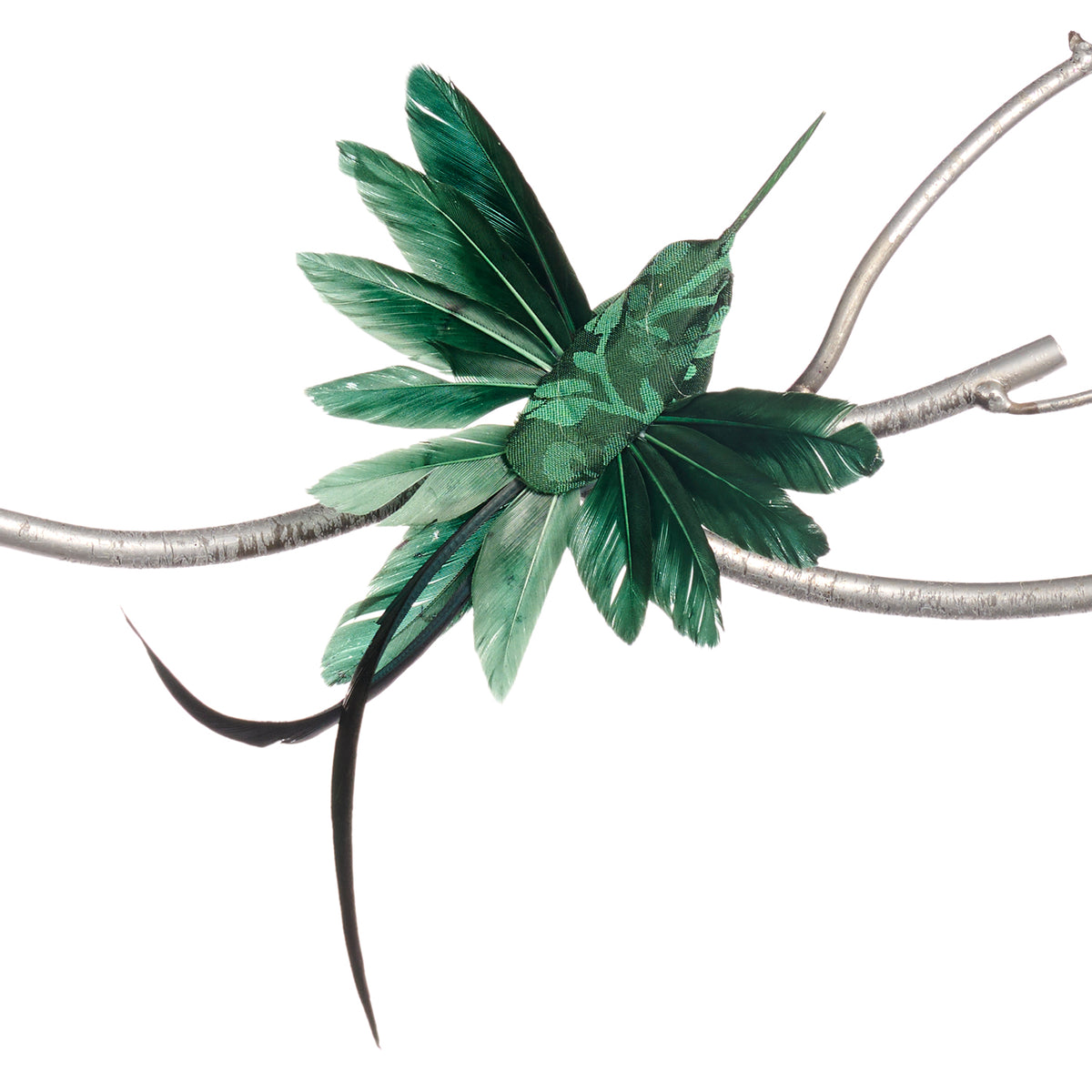 Colibri din pene și textil cu model floral, pe clemă, verde, 20 cm