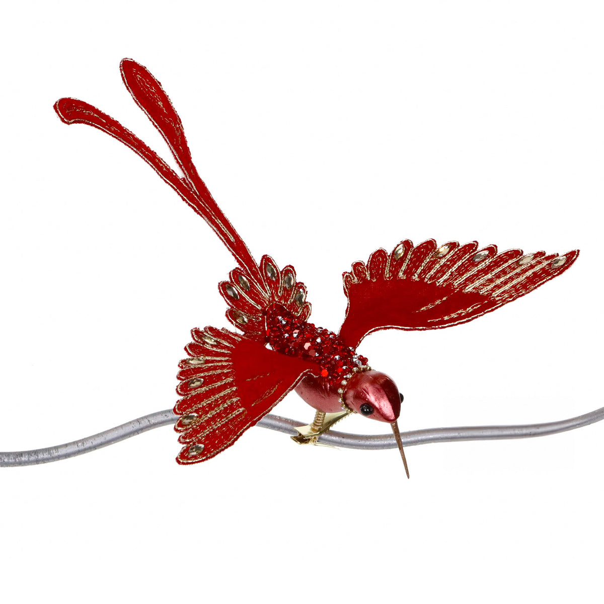 Colibri din textil brodat, cu pietre, pe clemă, roșu, 20 cm