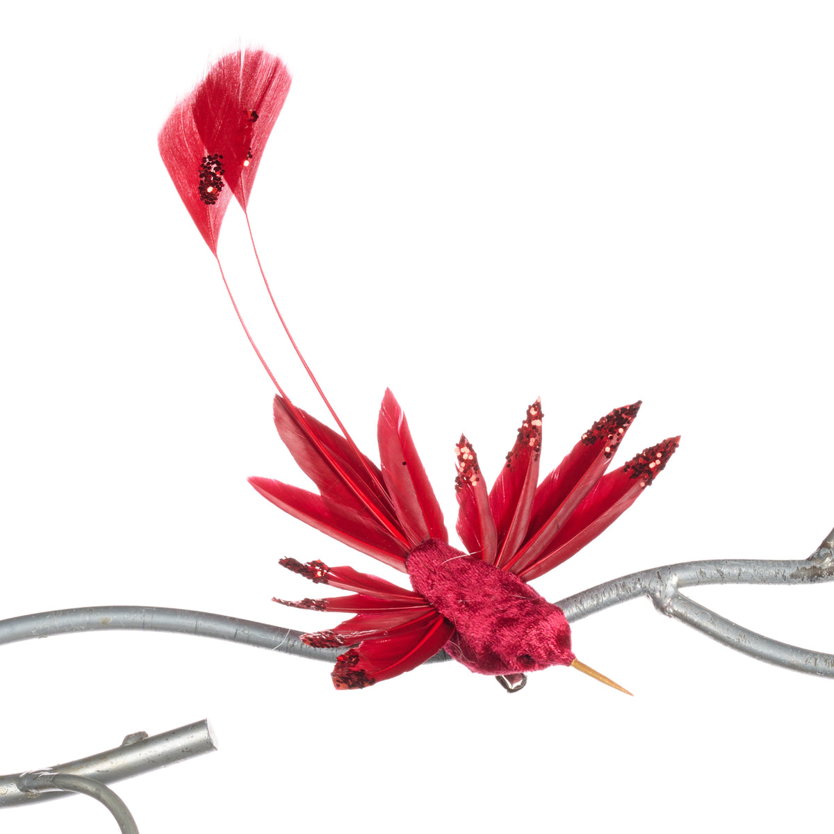 Colibri din textil cu pene, pe clemă, roșu/burgund, 19 cm
