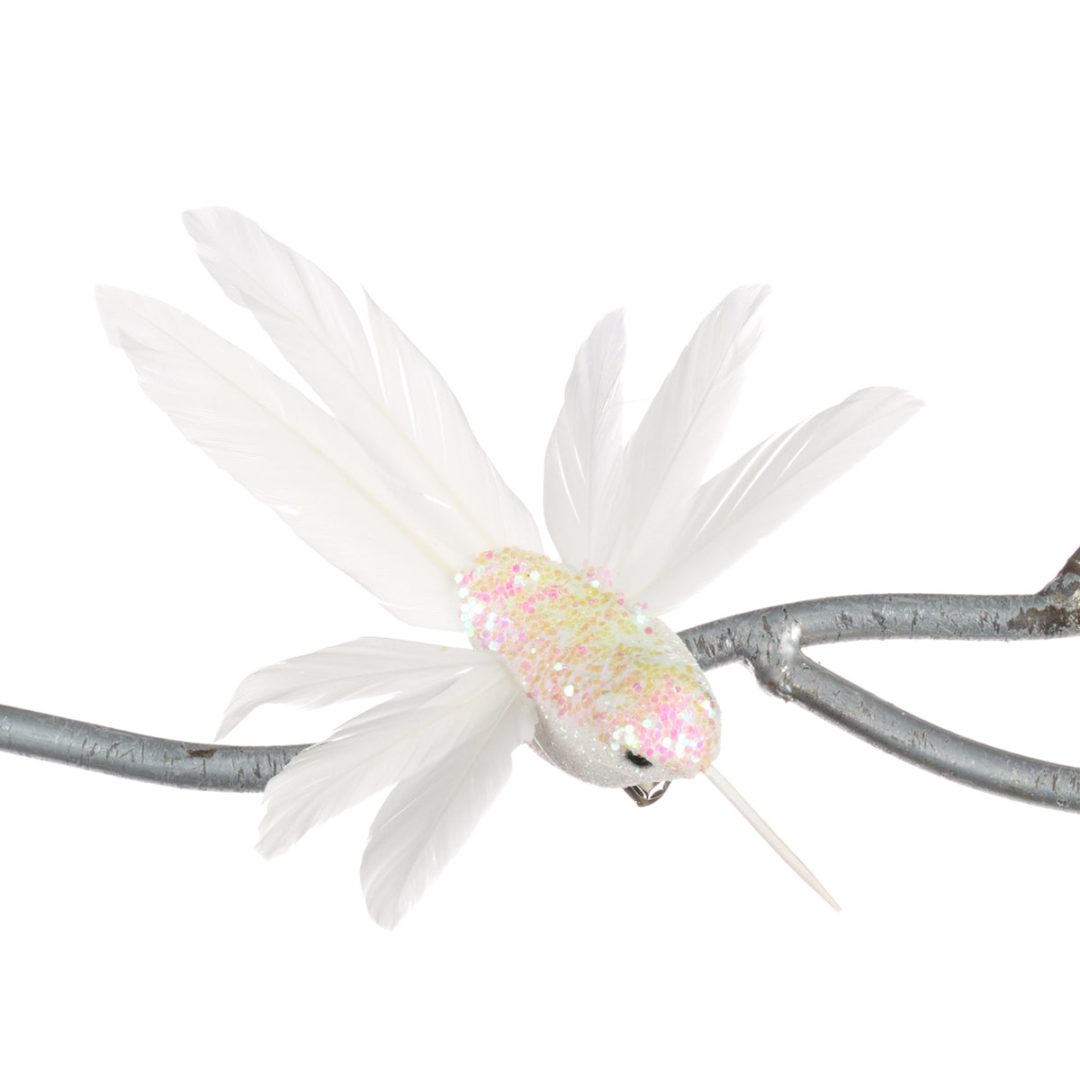Colibri pe clemă cu pene irizate și sclipici, alb, 13,5 cm