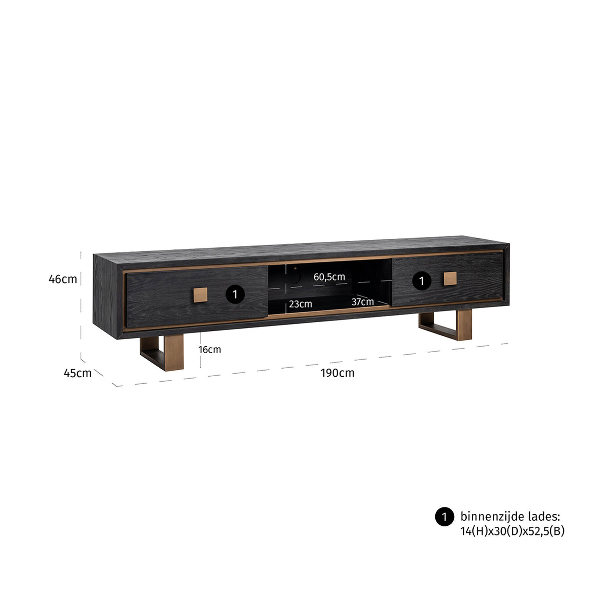 Comodă TV Hunter, negru rustic – desen tehnic cu dimensiuni