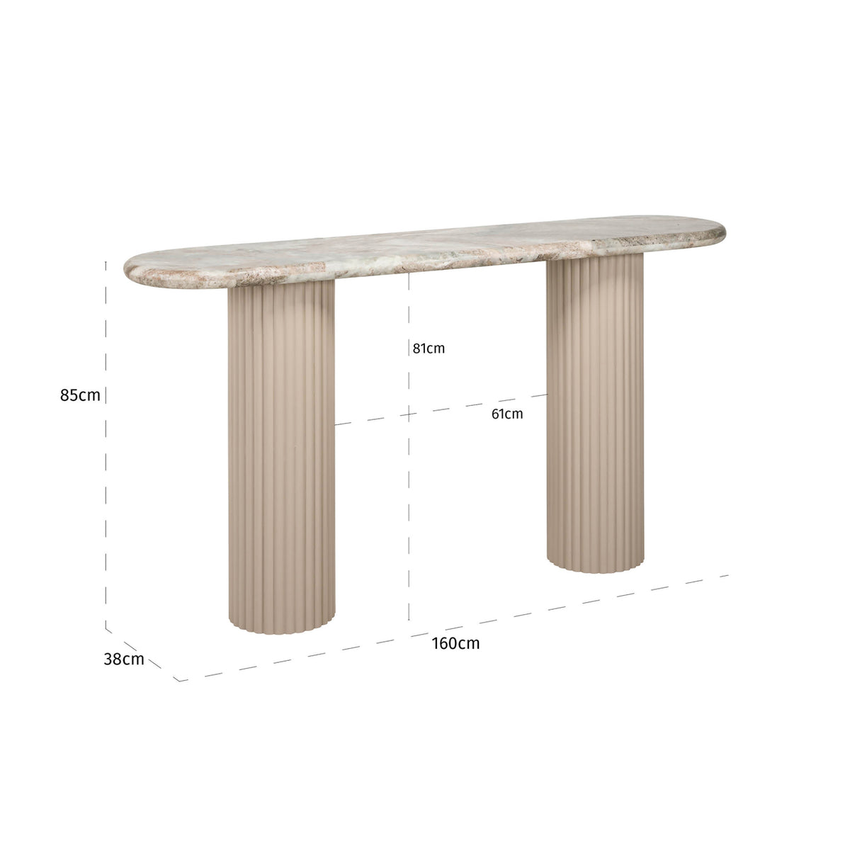 Consolă Coronel, Blush bej – desen tehnic cu dimensiuni