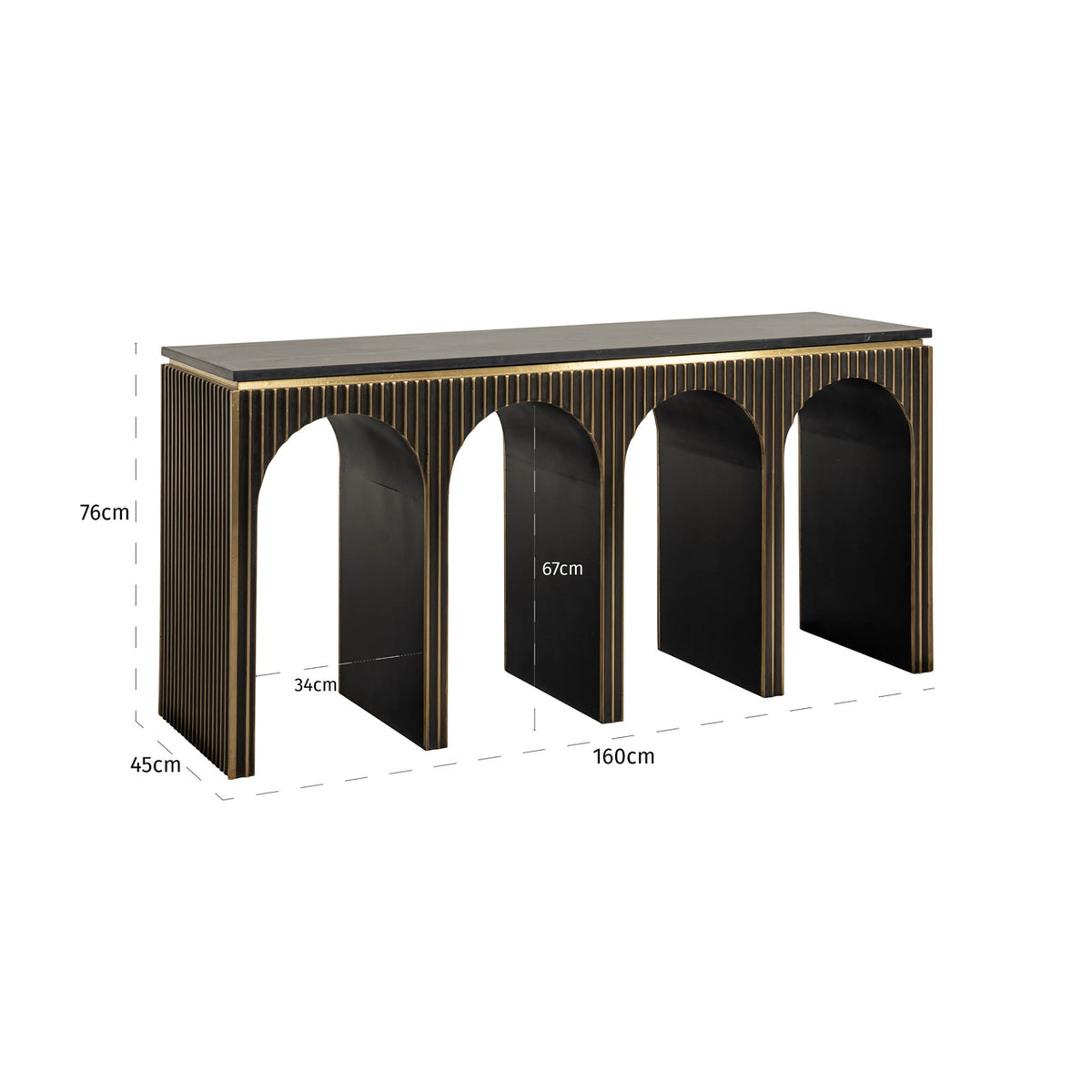 Consolă Les Arcs, auriu periat – desen tehnic cu dimensiuni
