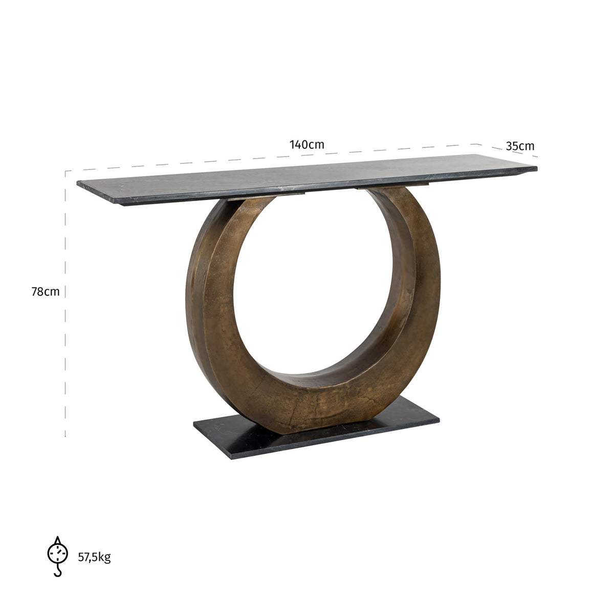 Consolă Luna, auriu – desen tehnic cu dimensiuni