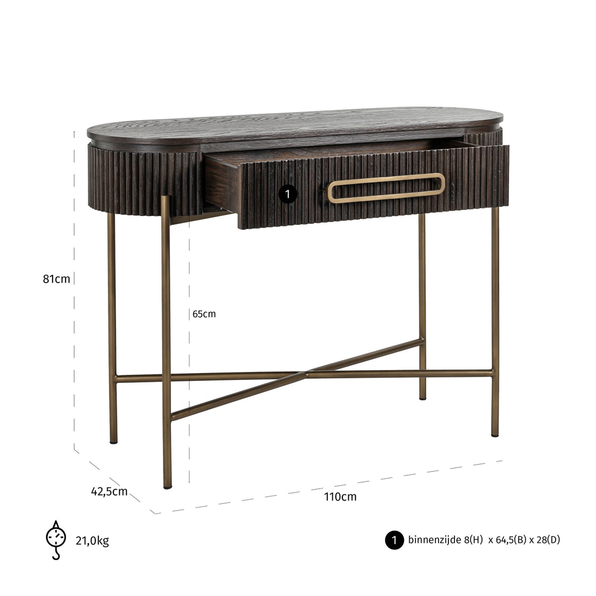 Consolă Luxor, maro – desen tehnic cu dimensiuni