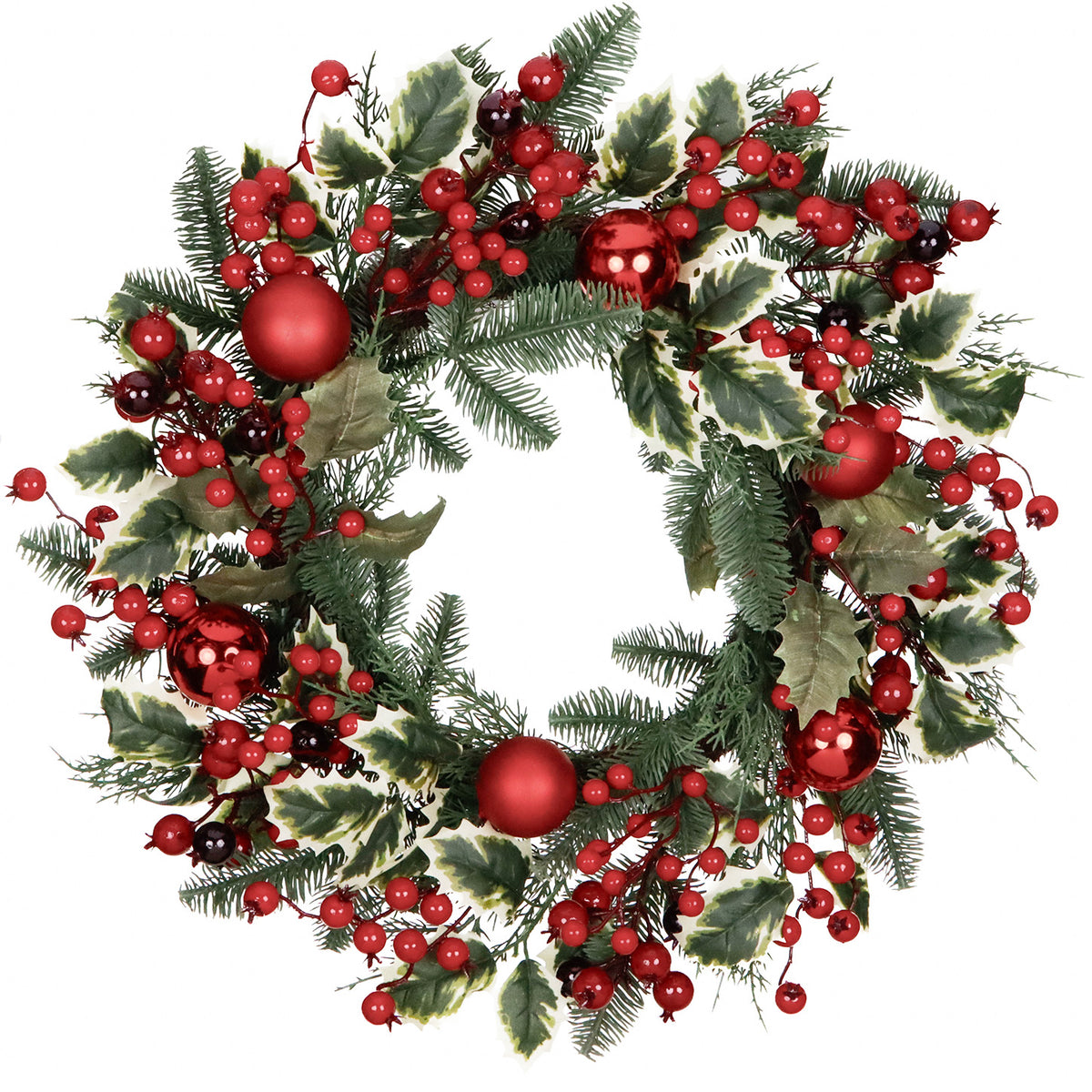 Coroniță cu bobițe, ilice, globuri și ramuri de brad, roșu/verde, 61 cm