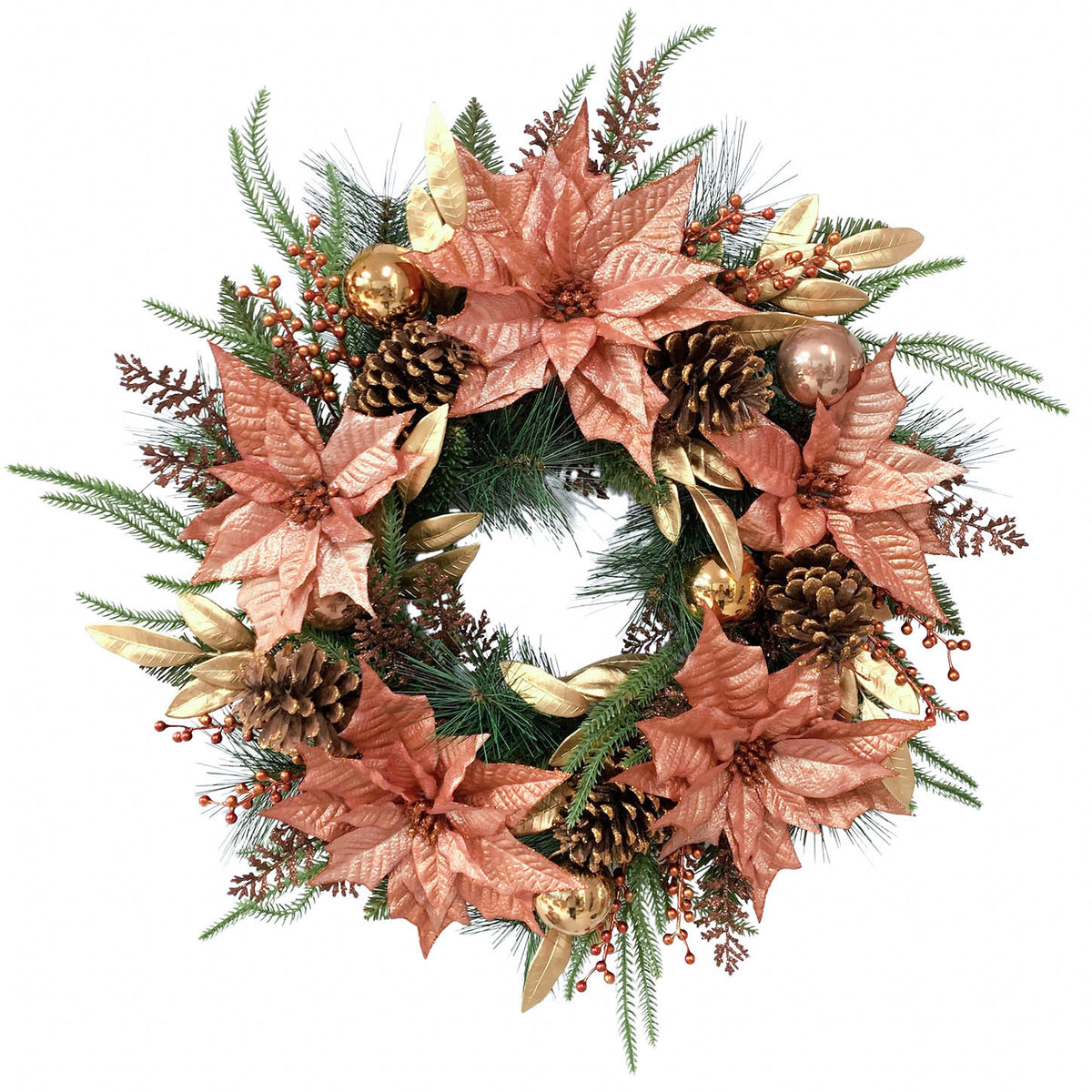 Coroniță cu crăciuniță, globuri, pin și conuri, auriu/cupru, 61 cm