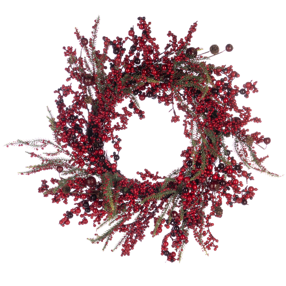 Coroniță cu fructe de pădure, ramuri de brad și conuri, roșu/verde, 65 cm