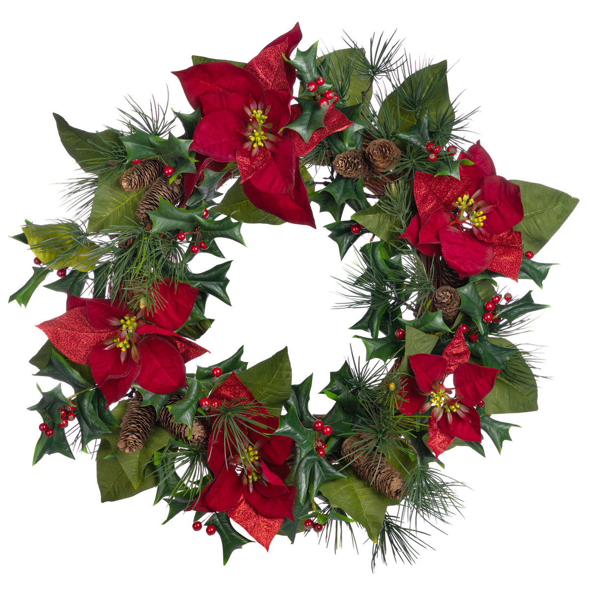 Coroniță cu ilice, fructe de pădure, ramuri de brad și crăciunițe, roșu/verde, 66 cm