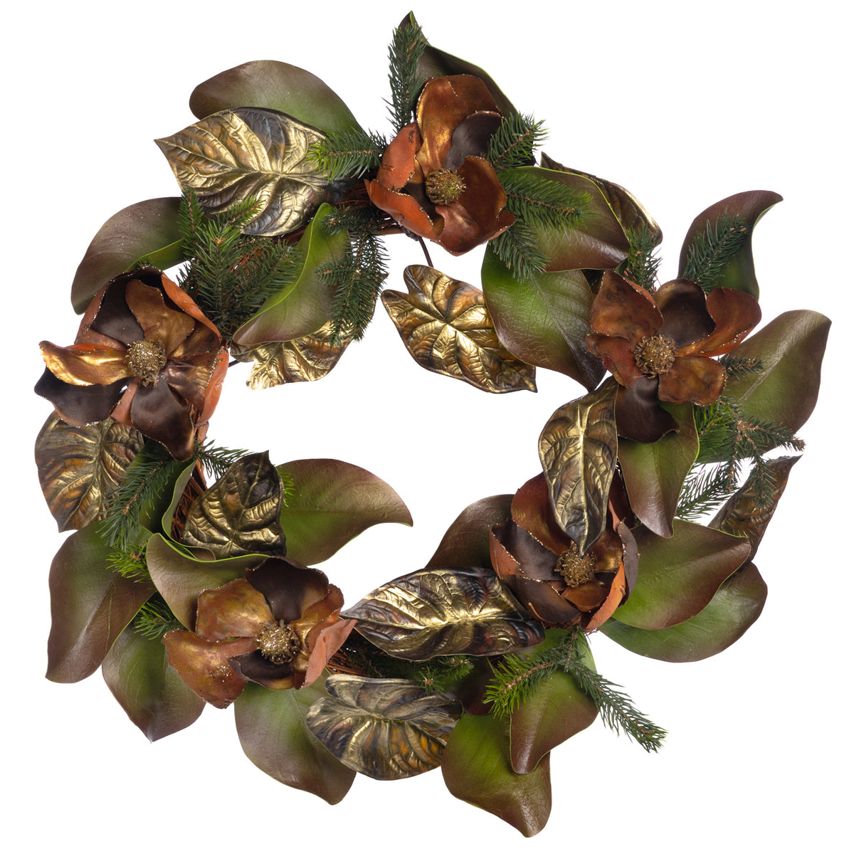 Coroniță cu magnolie, frunze tropicale și pin, maro/verde, 66 cm