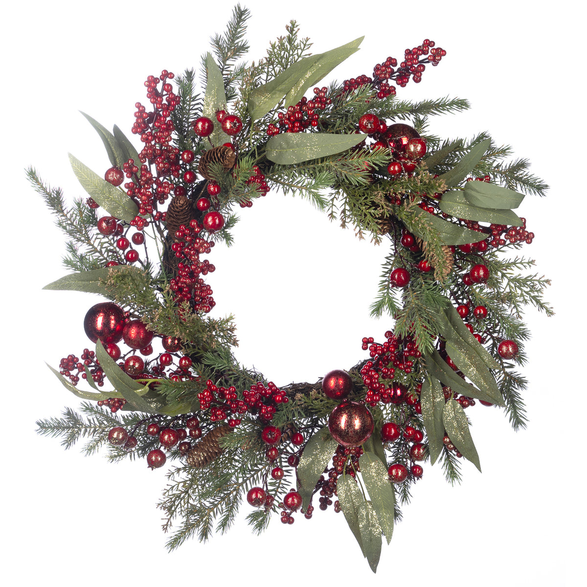 Coroniță cu ramuri de brad, fructe de pădure și globuri de Crăciun, verde/roșu, 70 cm