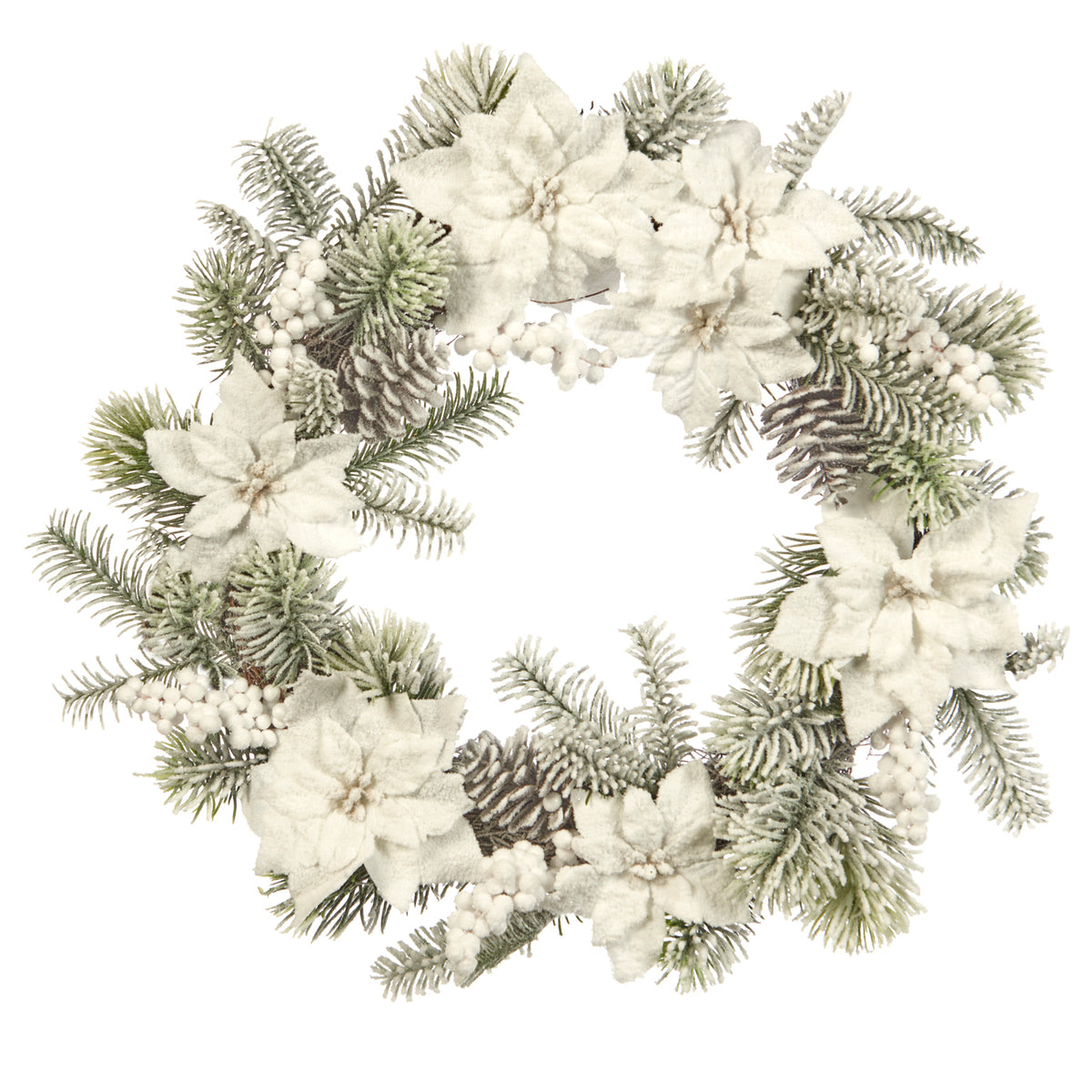 Coroniță înzăpezită cu pin și crăciuniță, verde/alb, 56 cm