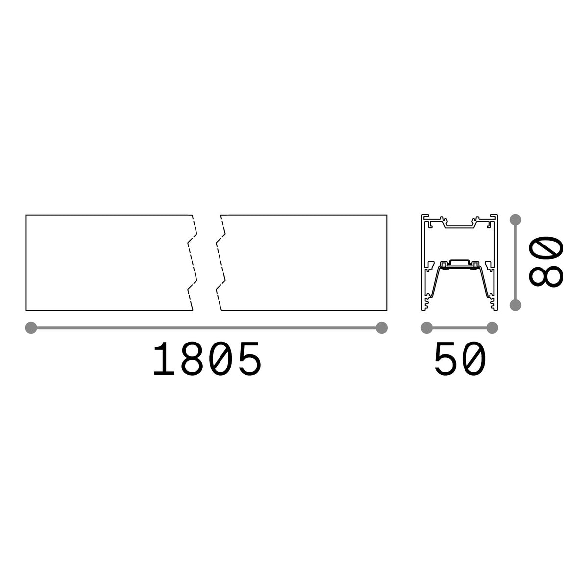 Corp de iluminat liniar Fluo bi-emisie 1800 4000K, alb – desen tehnic cu dimensiuni