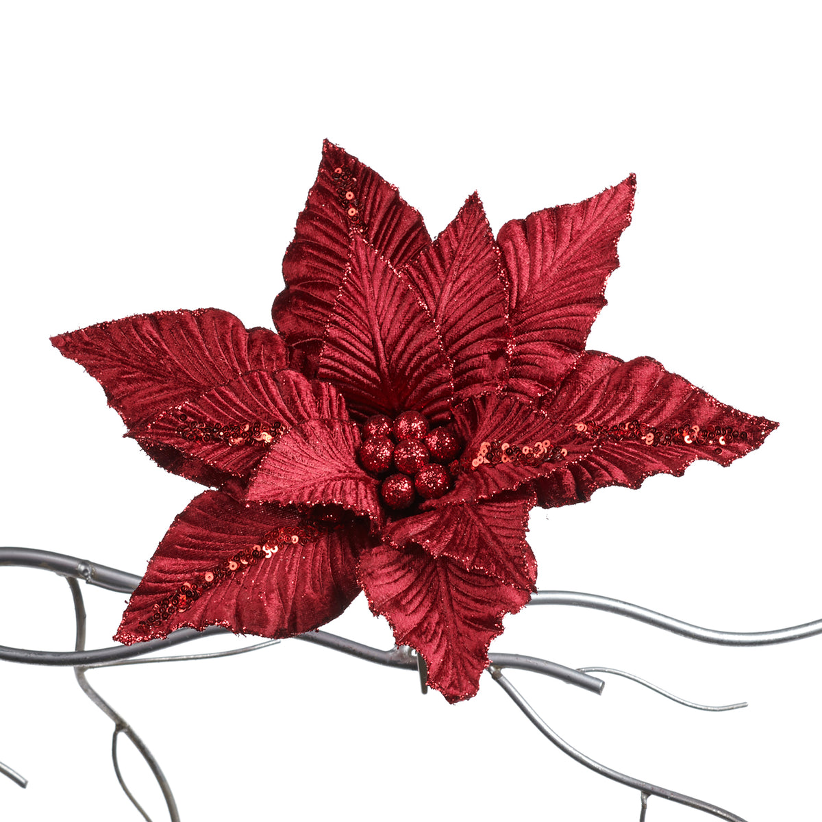 Crăciuniță cu sclipici, pe clemă, burgund, 31 cm