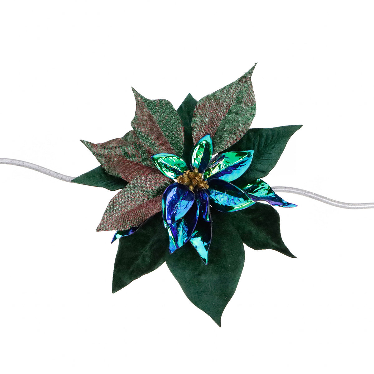 Crăciuniță din catifea metalizată cu sclipici pe clemă, verde/albastru, 23 cm