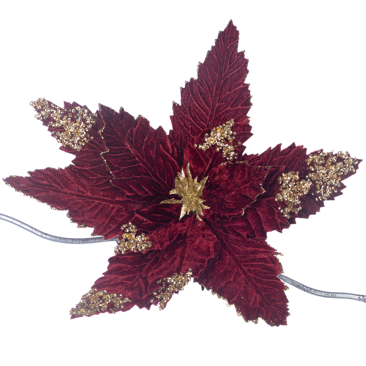 Crăciuniță din textil cu mărgele, pe clemă, burgund/auriu, 31 cm