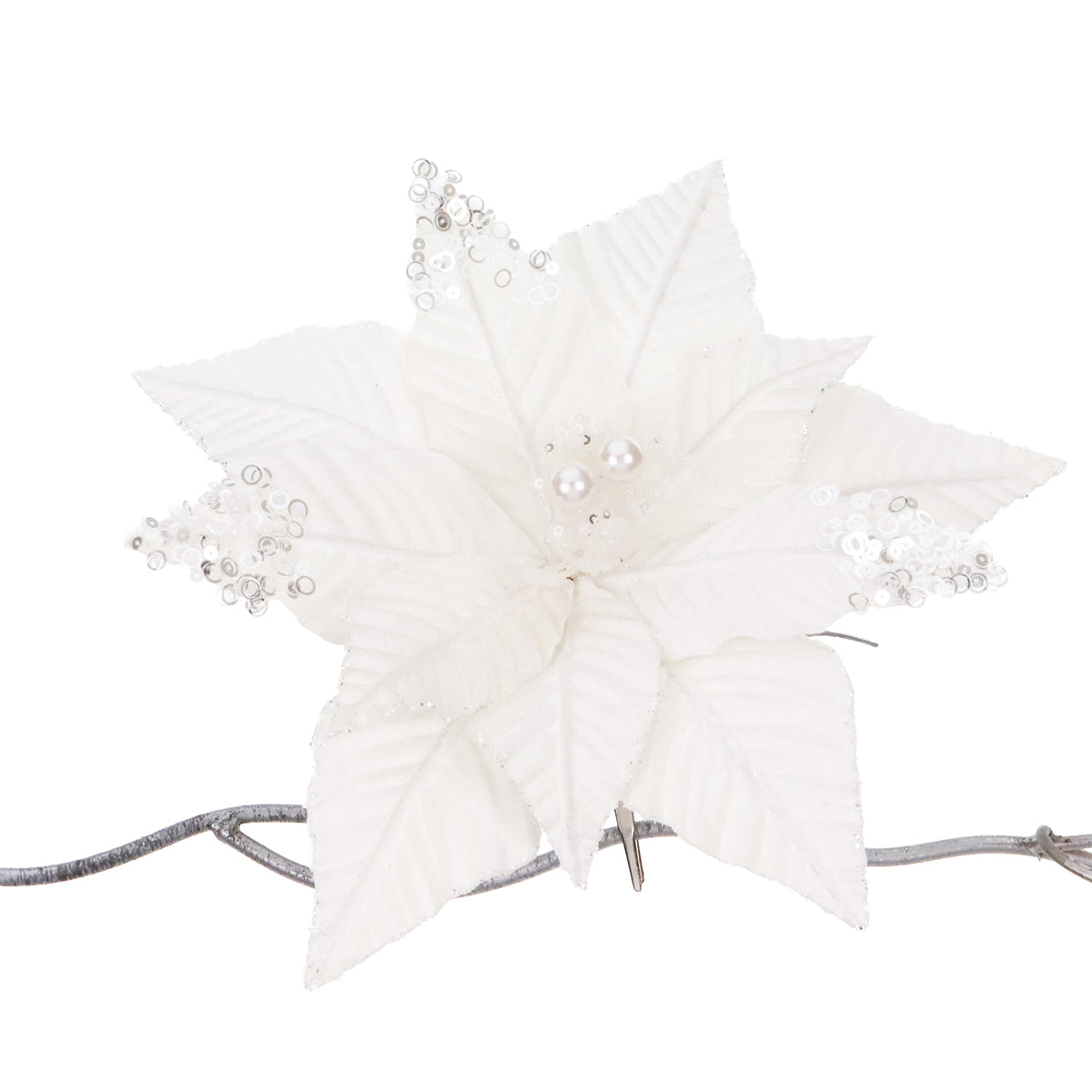 Crăciuniță din textil cu paiete, pe clemă, alb/crem deschis, 30 cm