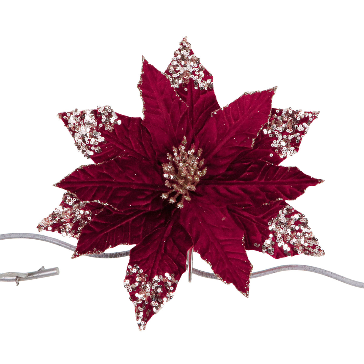 Crăciuniță din textil cu paiete, pe clemă, burgund/auriu, 30 cm