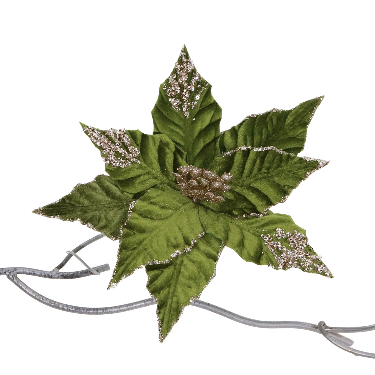 Crăciuniță din textil cu paiete, pe clemă, verde oliv/auriu, 25 cm