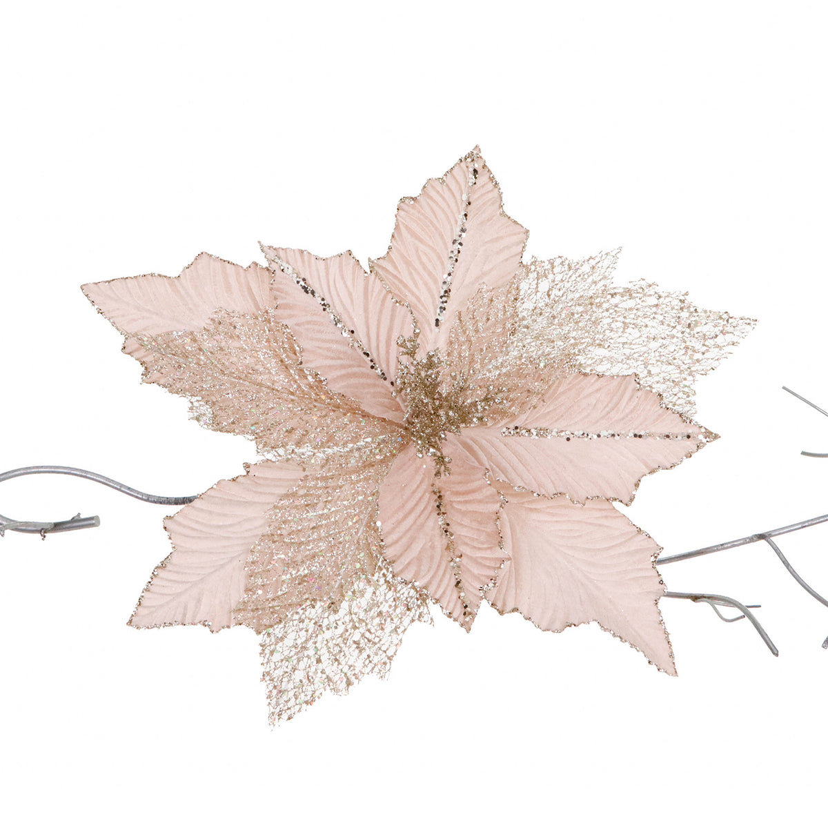 Crăciuniță din textil cu plasă și sclipici, pe clemă, crem/auriu, 48 cm