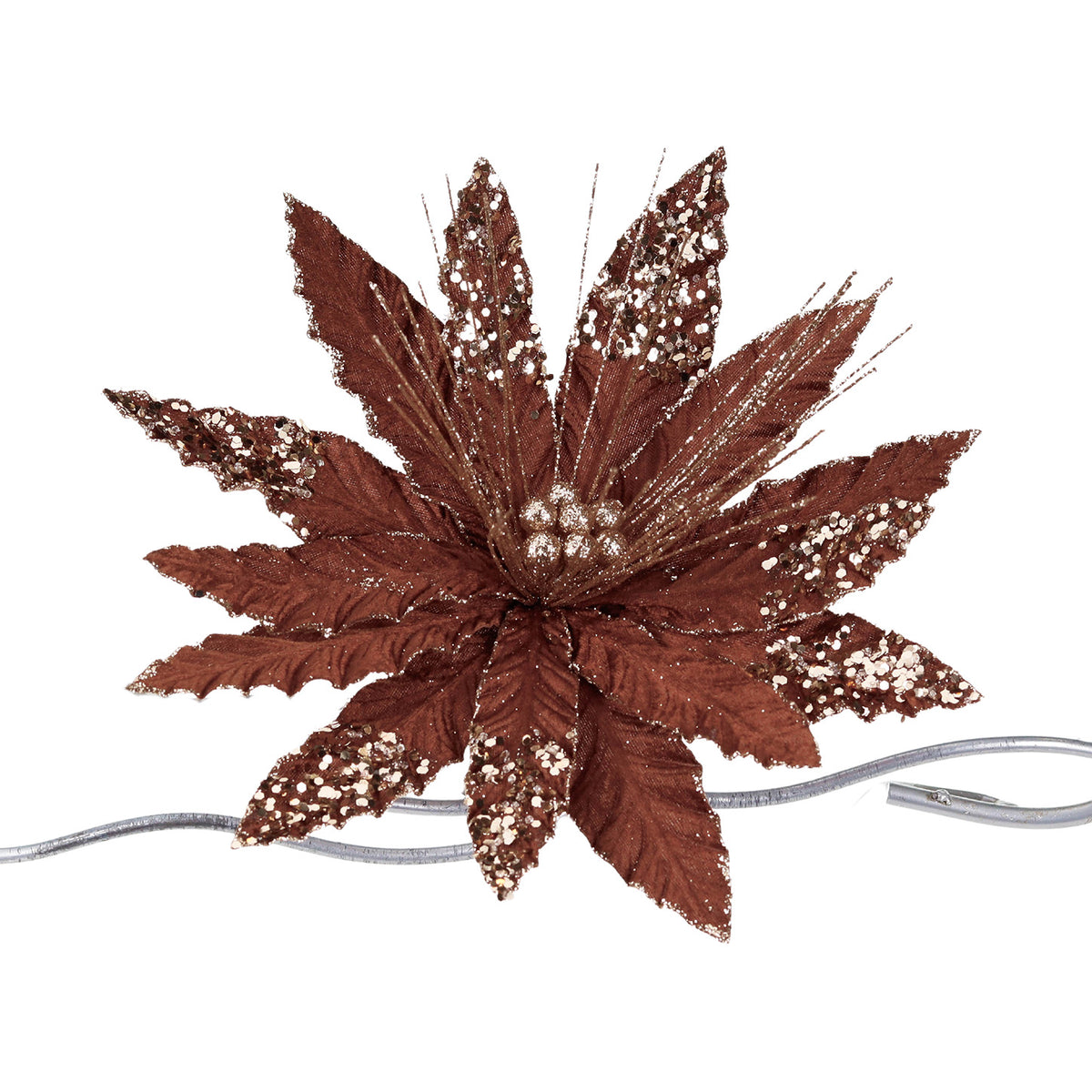 Crăciuniță din textil cu sclipici, pe clemă, maro/auriu, 31 cm