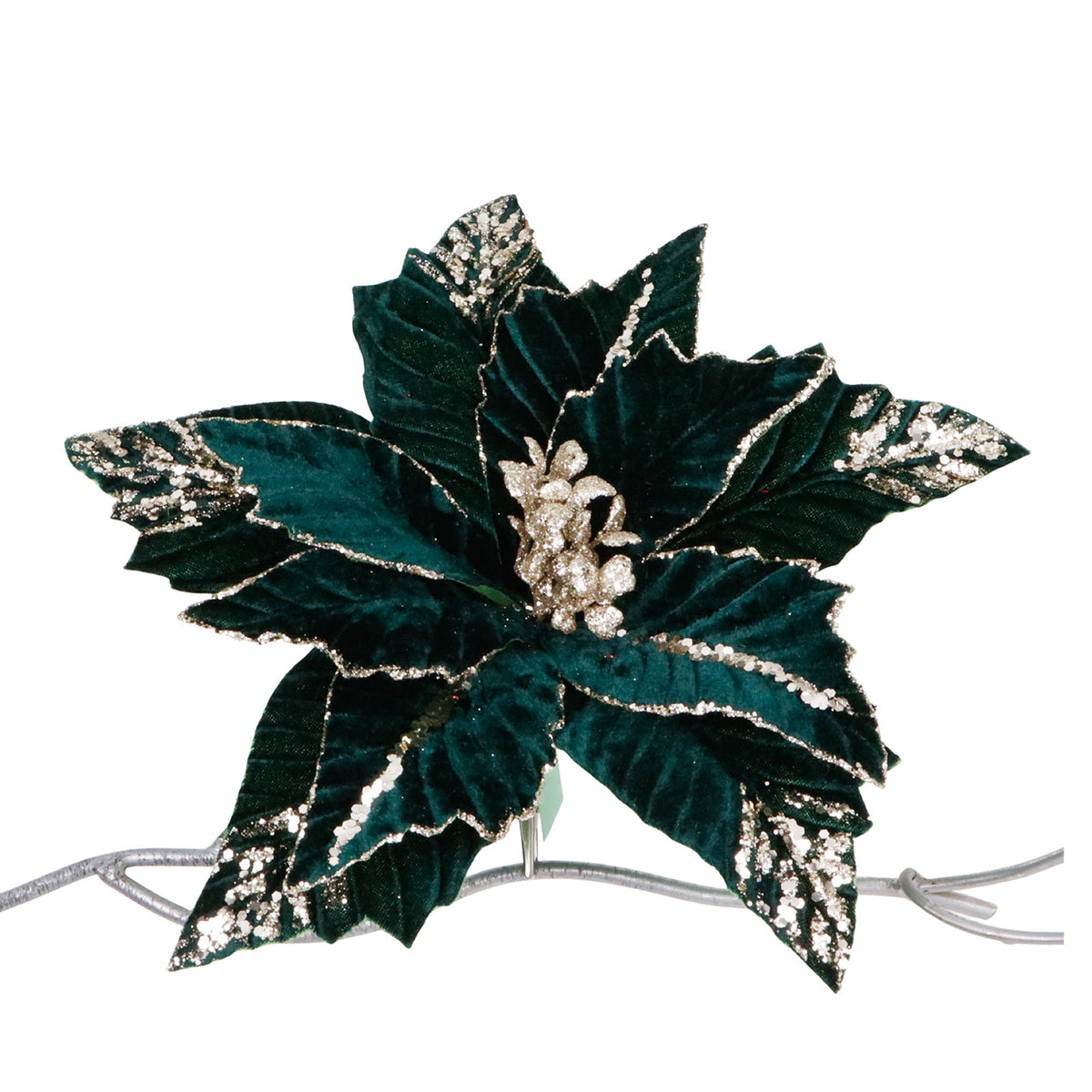 Crăciuniță din textil cu sclipici, pe clemă, verde închis/auriu, 33 cm