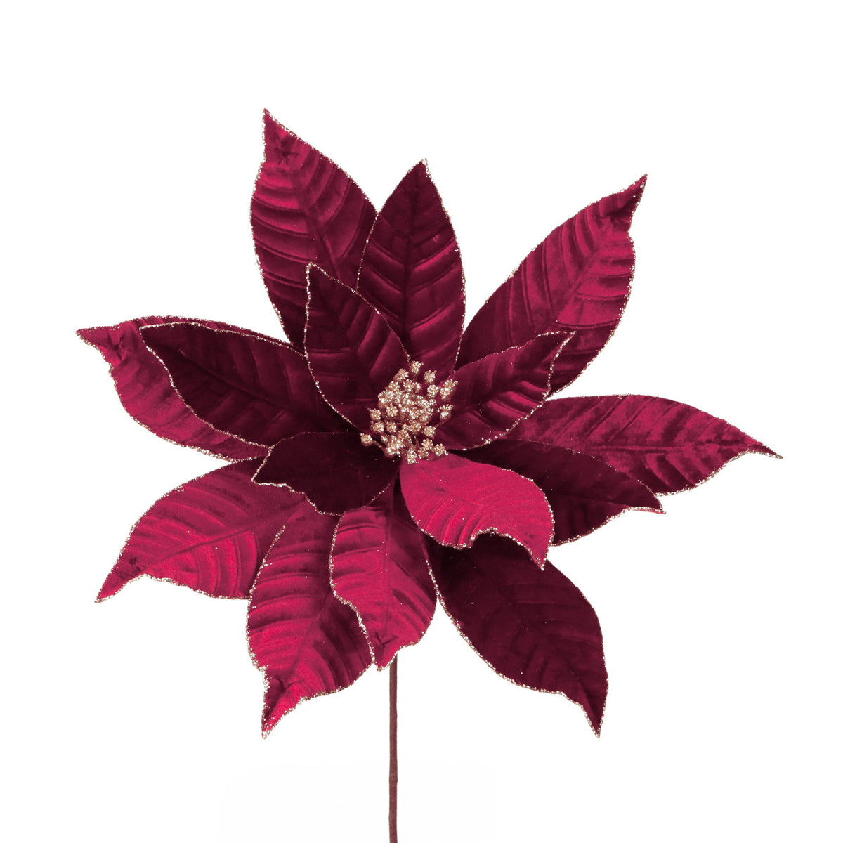 Crăciuniță gigantică din textil pe tulpină, burgund/auriu, diametru 46 cm, lungime 50 cm