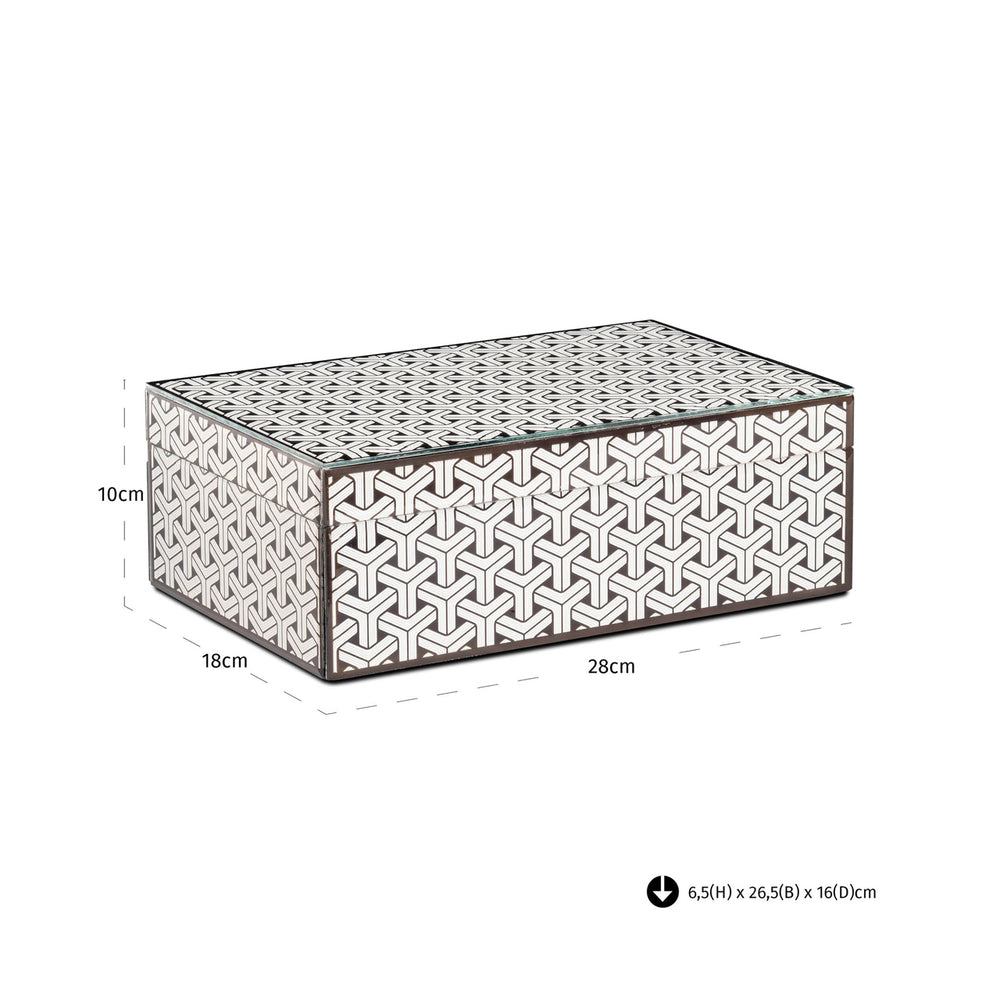 Cutie decorativă Feliz, negru/alb, mare – desen tehnic cu dimensiuni