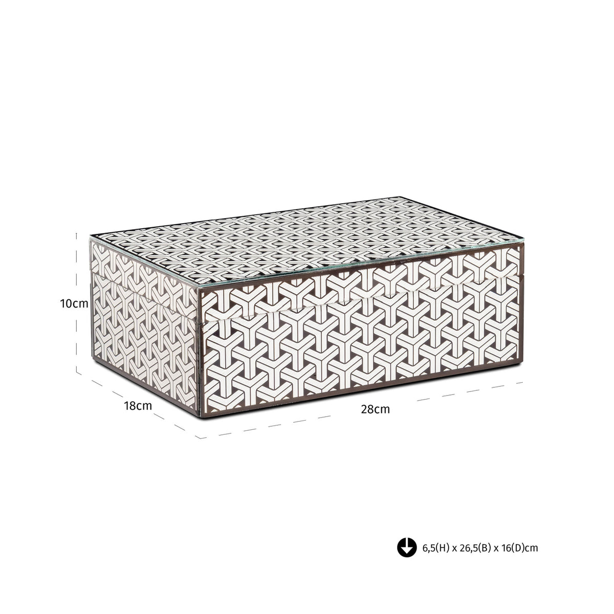 Cutie decorativă Feliz, negru/alb, mare – desen tehnic cu dimensiuni