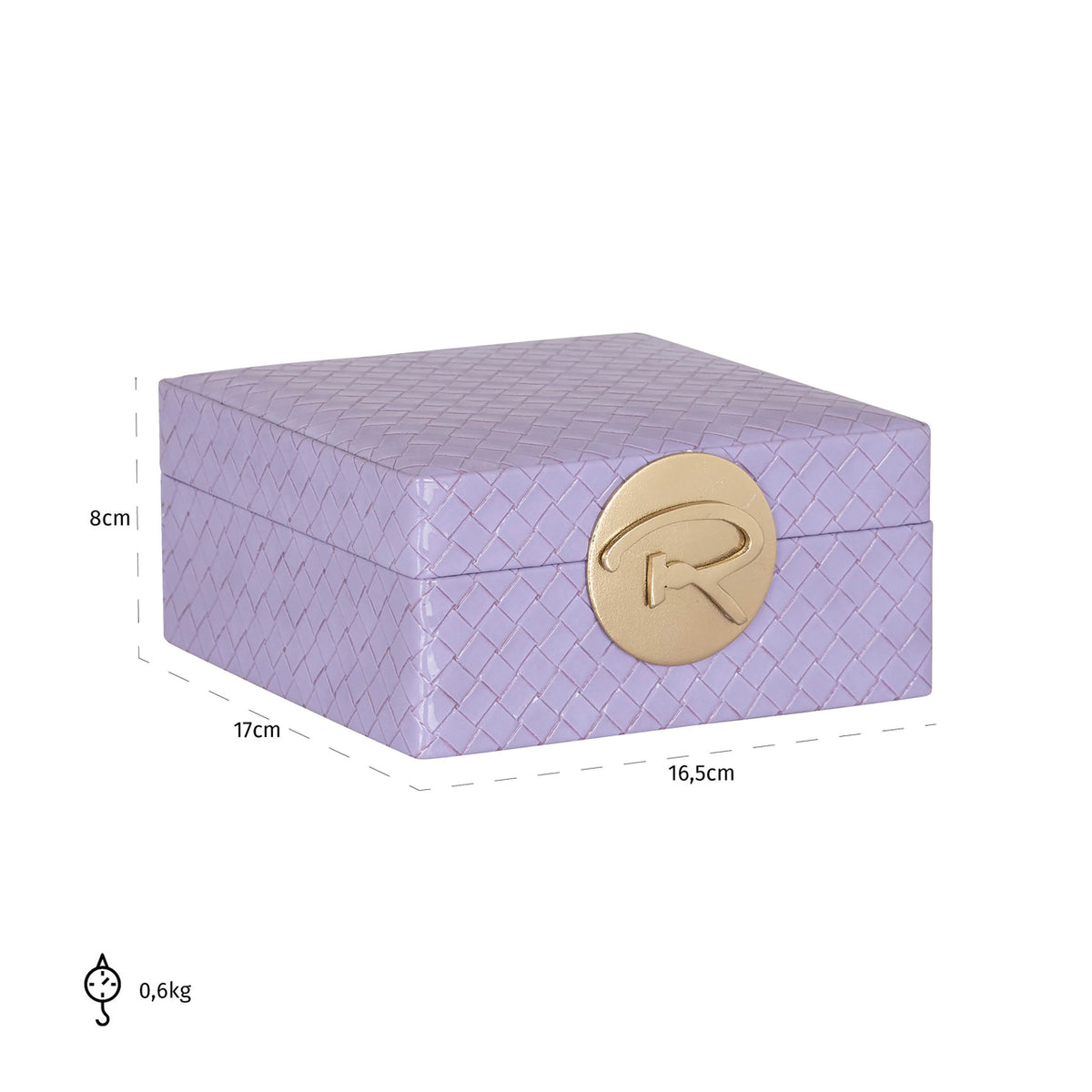 Cutie decorativă Joelle, violet, mică – desen tehnic cu dimensiuni