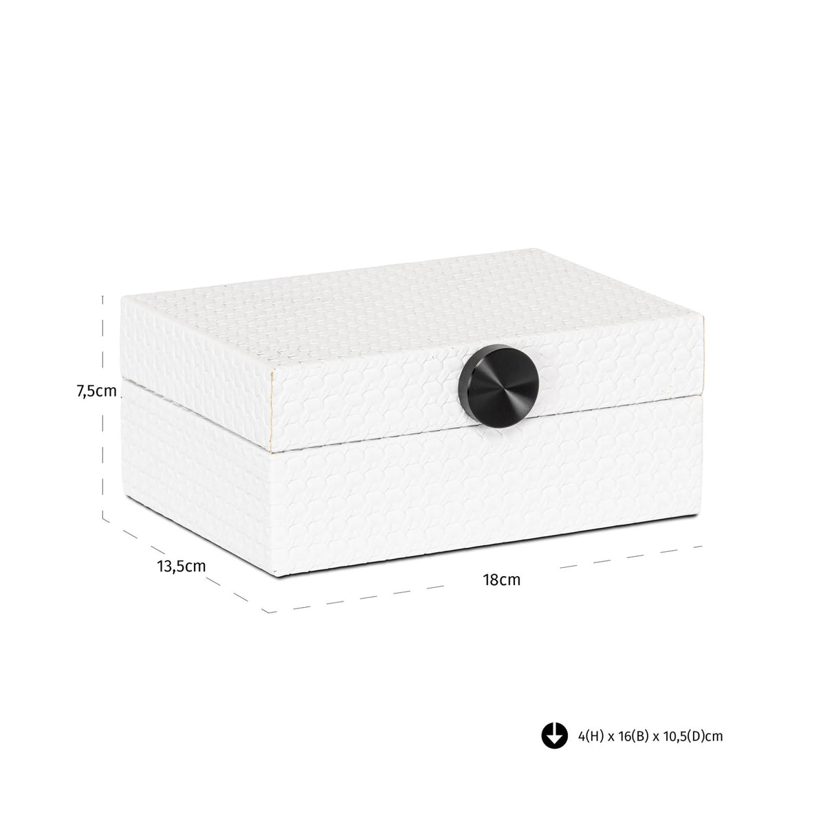Cutie decorativă Myrth, alb, mică – desen tehnic cu dimensiuni